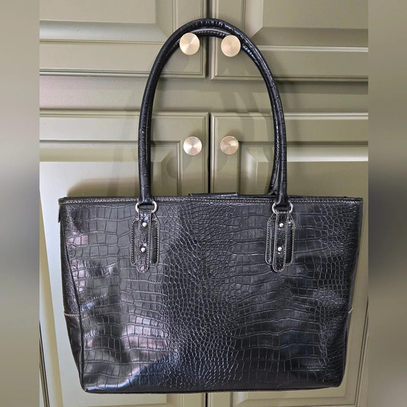 NWOT black crocodile pleather shoulder tote briefcase bag - Picture 2 of 9